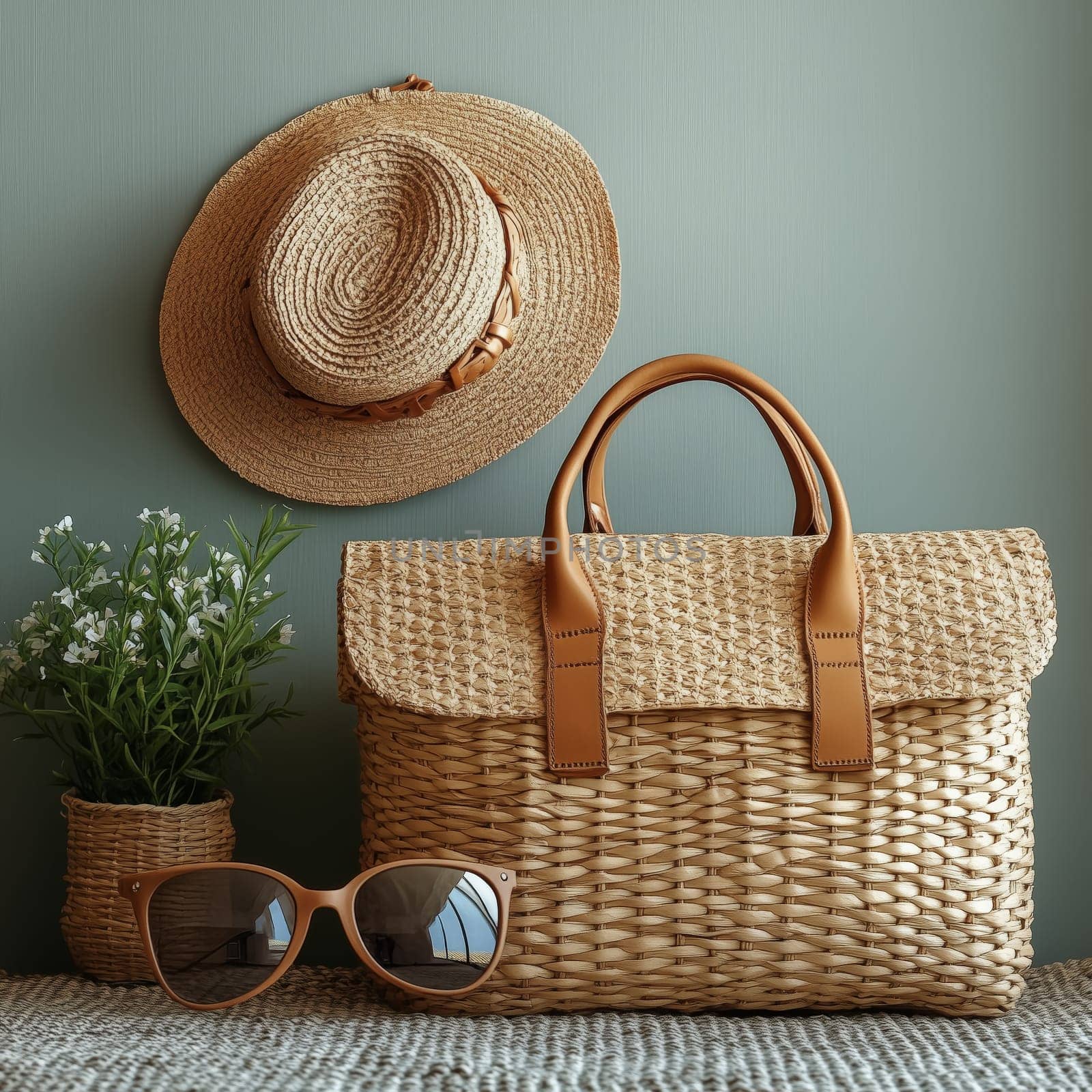 A stylish straw hat, woven handbag, and sunglasses arranged on a textured surface with a potted plant, evoking a chic summer and travel aesthetic.