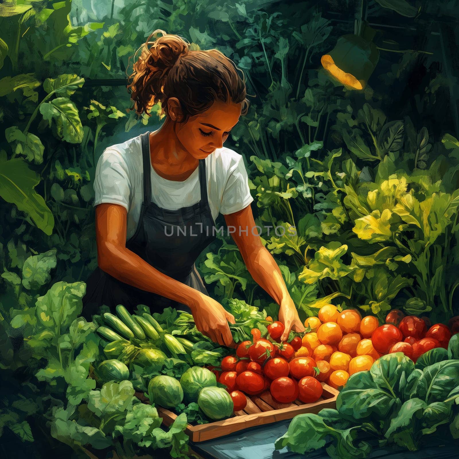Digital painting of a young woman in an apron picking tomatoes and greens in a vibrant garden. Warm lighting and rich colors emphasize organic farming and sustainability.