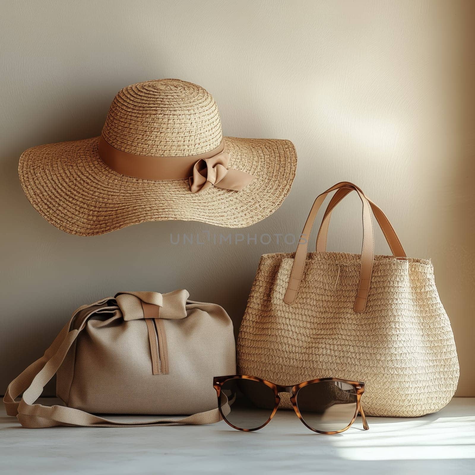 A stylish straw hat, woven bag, fabric handbag, and tortoiseshell sunglasses arranged on a neutral surface, evoking a chic summer and vacation aesthetic.
