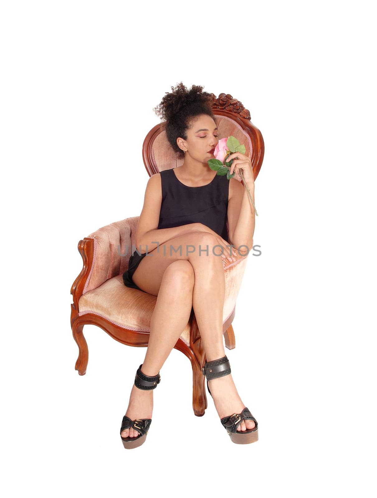 A gorgeous multi-racial woman sitting in a short summer dress in an old.armchair, with a pink rose in her hand and her curly black hair, isolated.for white background.