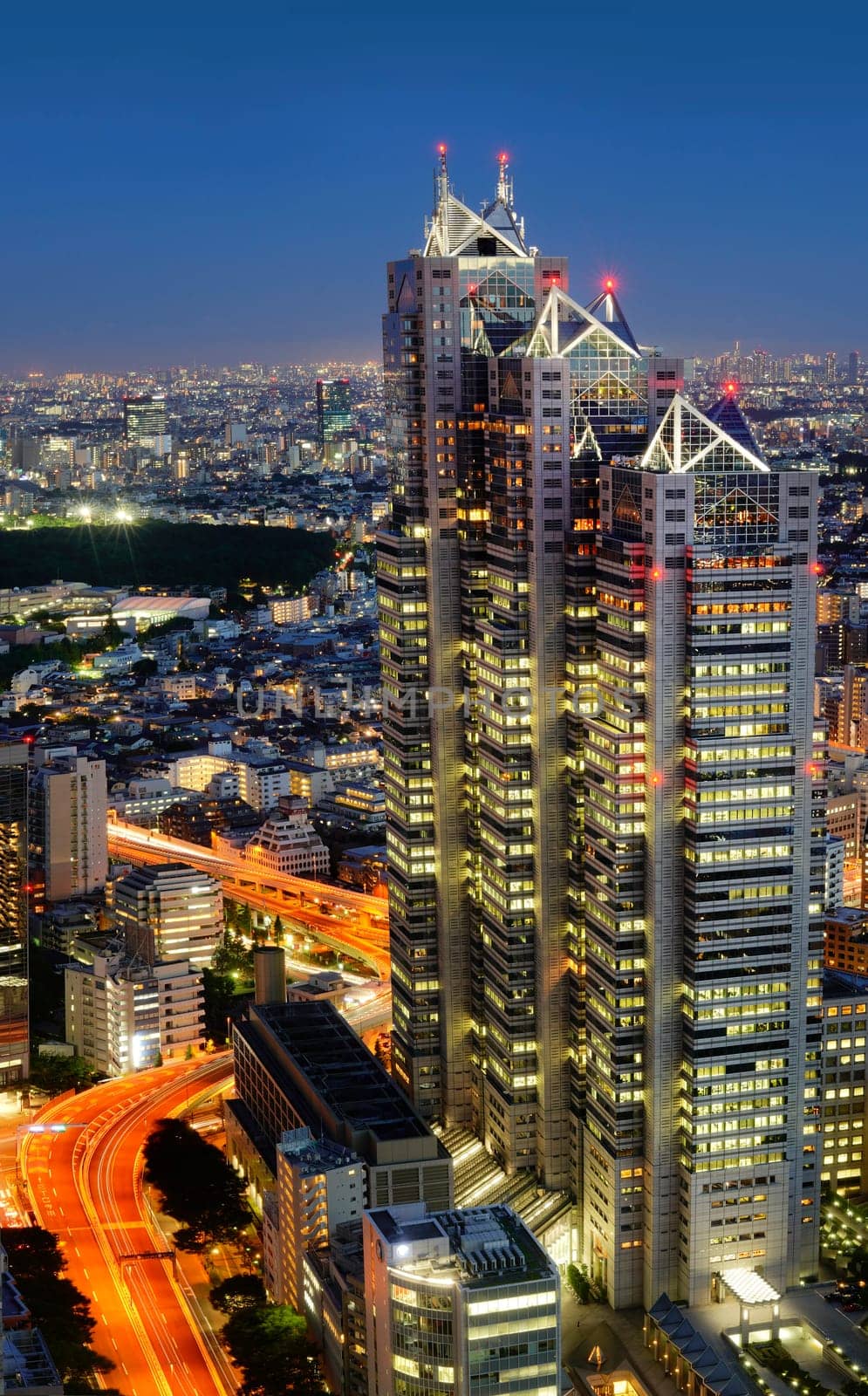 Night-time panoramic view of Park Hyatt Tokyo building from the Tokyo Metropolitan Government Building.