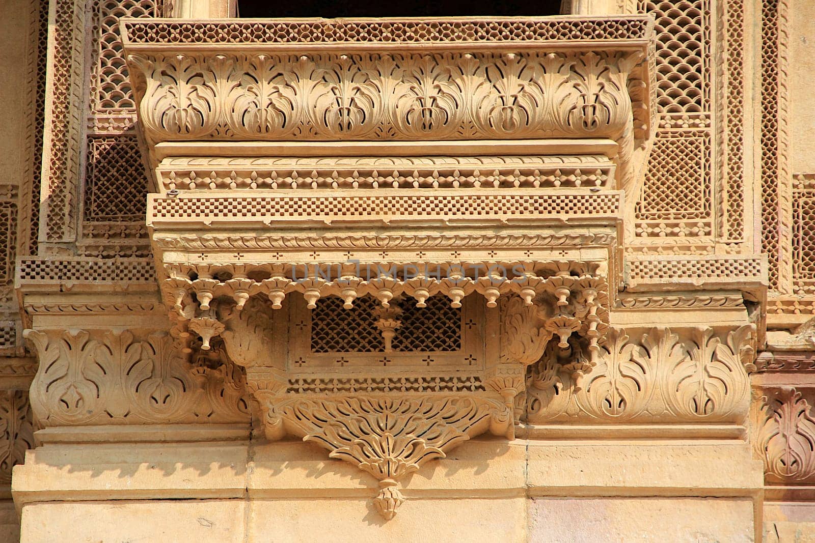 Closer view of intricate design of window base at Patawon-ki-Haweli in Jaisalmer Fort, Jaisalmer, Rajasthan, India, Asia