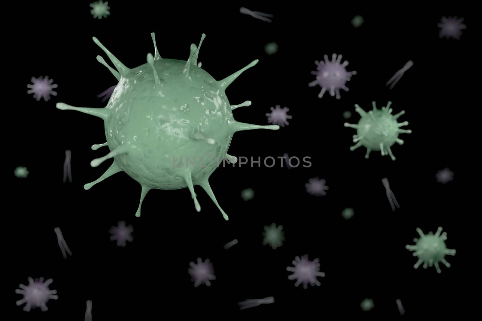 3d rendering Microscope virus close up. 3d illustration viruses causing infectious diseases, decreased immunity example Hepatitis, H1N1, HIV, FLU, AIDS. oncept of viral disease.