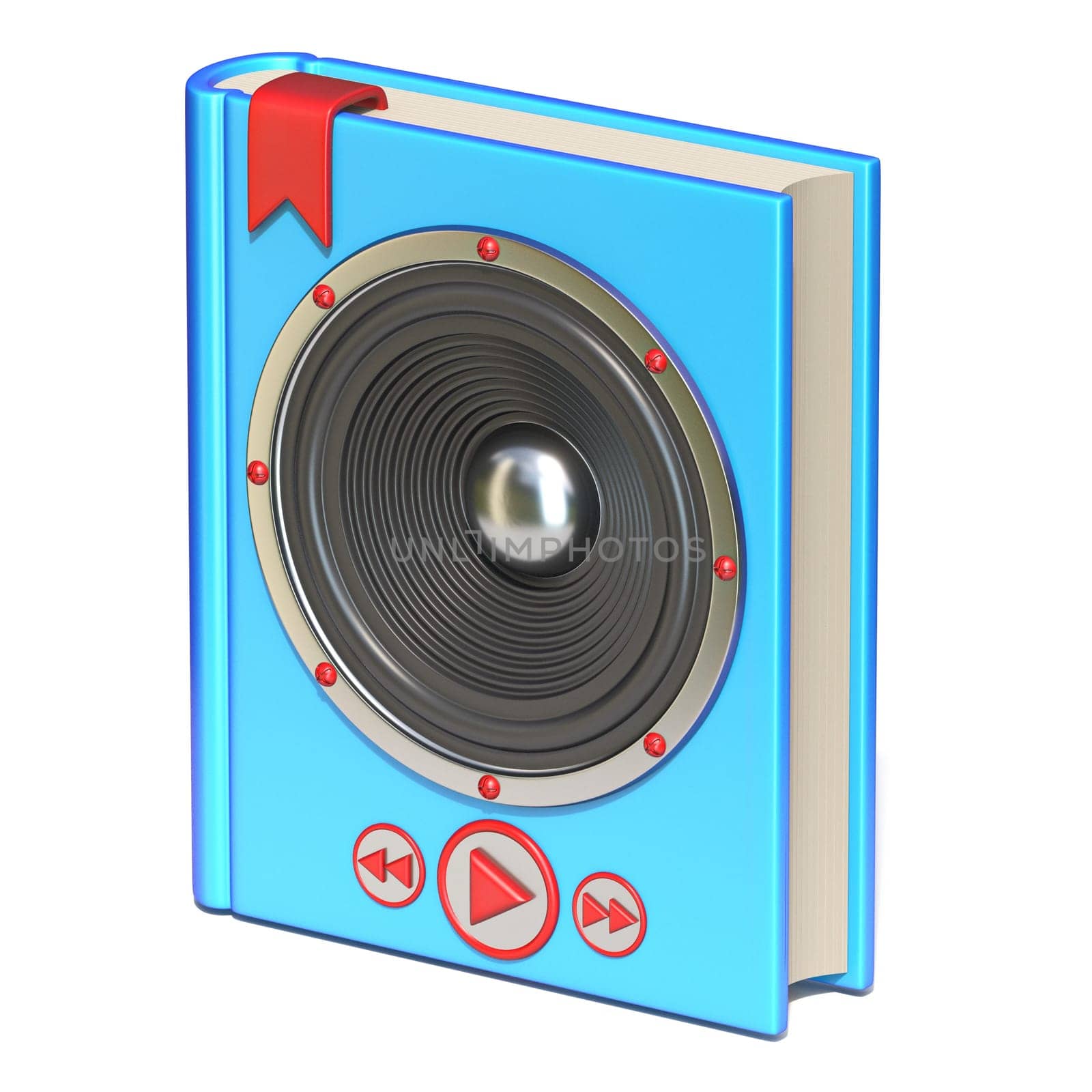 Blue book with speaker and buttons Audio book concept 3D rendering illustration isolated on white background