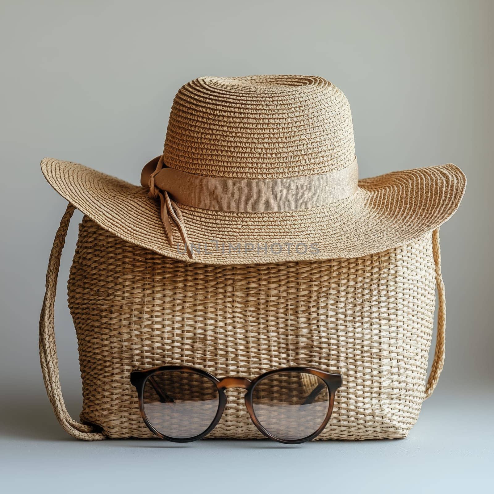 A stylish straw hat with a ribbon, woven handbag, and tortoiseshell sunglasses arranged on a neutral surface, evoking a summer travel and beach aesthetic.
