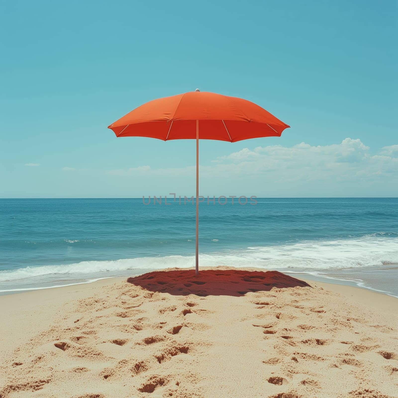 A vibrant red beach umbrella stands on golden sand near the shoreline, with gentle ocean waves and a bright blue sky in the background.
