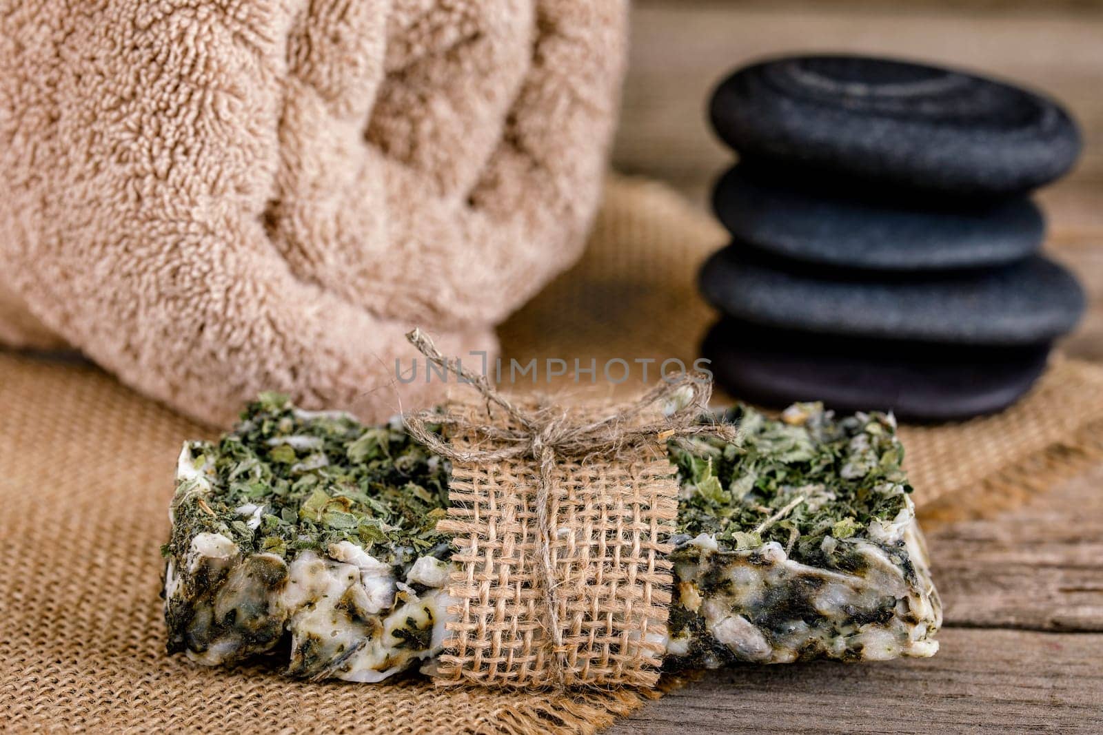Handmade soap with natural fillers, with dry mint, with jute decoration