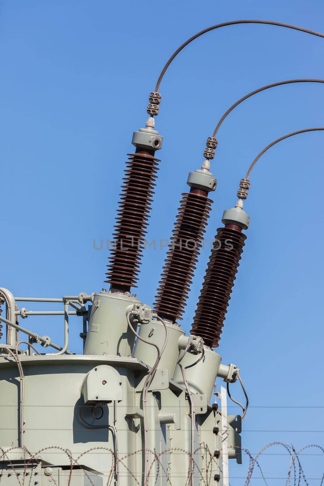 Electricity sub station transformer cable connections to distribute power energy to economy.