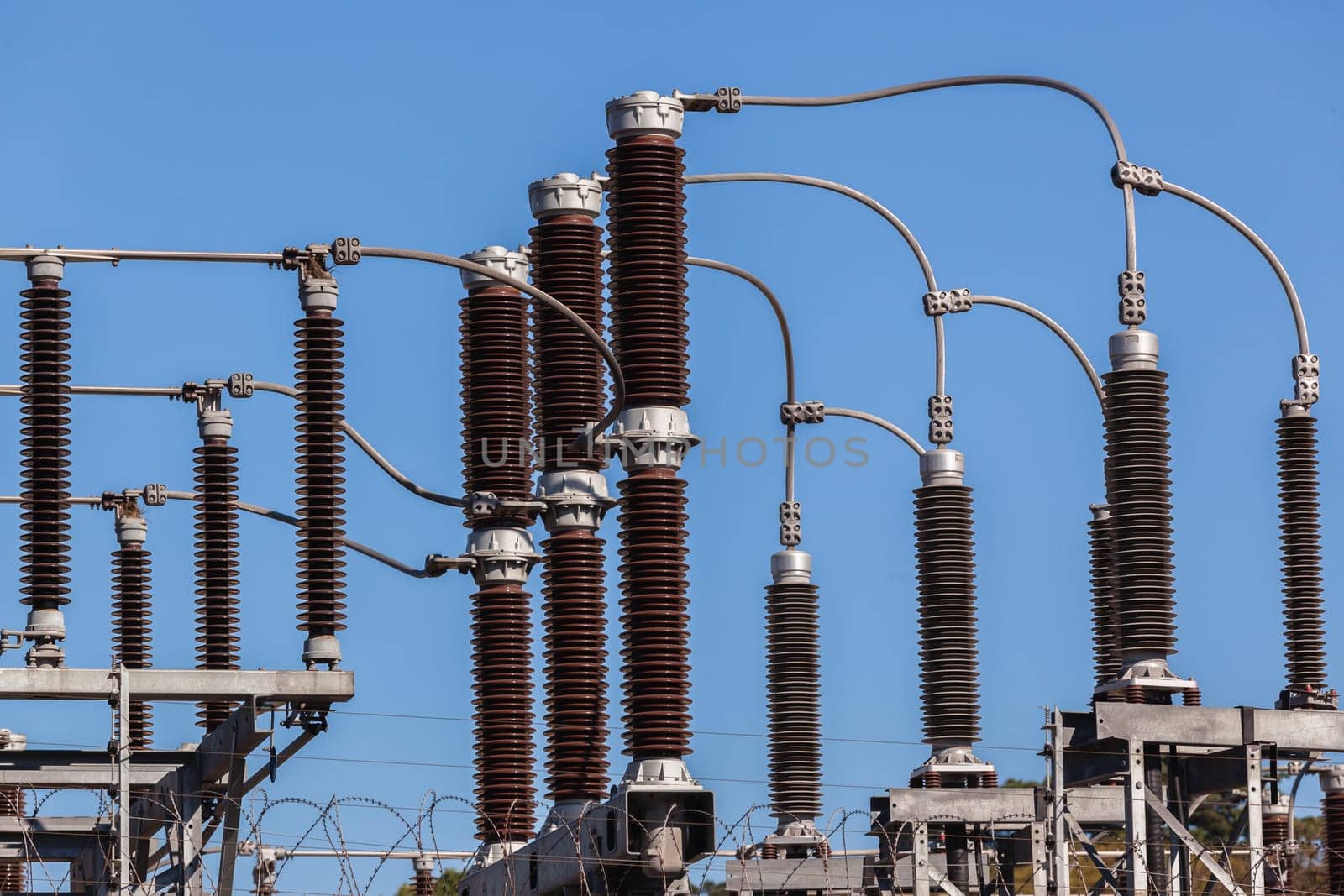 Electricity sub station transformer cable connections to distribute power energy to economy.