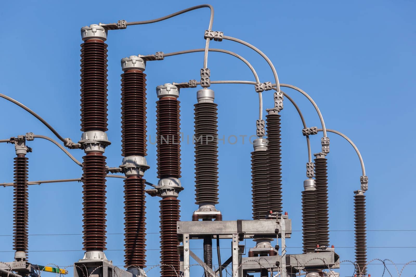 Electricity sub station transformer cable connections to distribute power energy to economy.