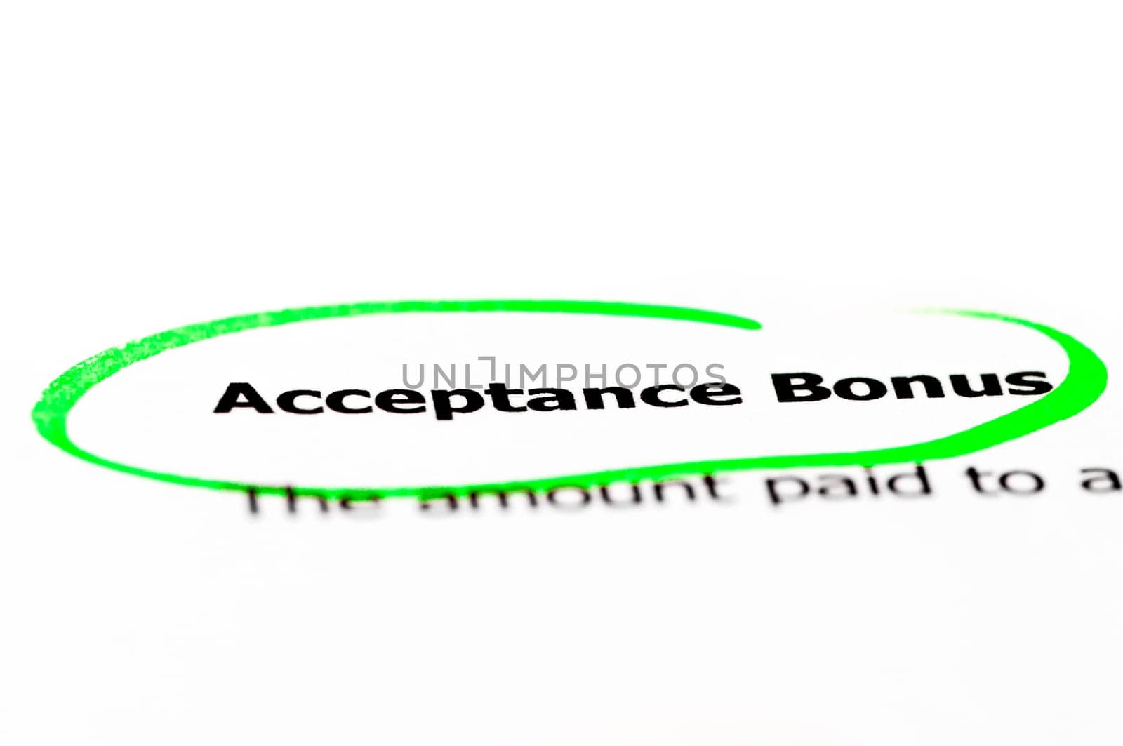 Words cceptance Bonus highlighted with green on white paper, copy space available, Business Vision Concept