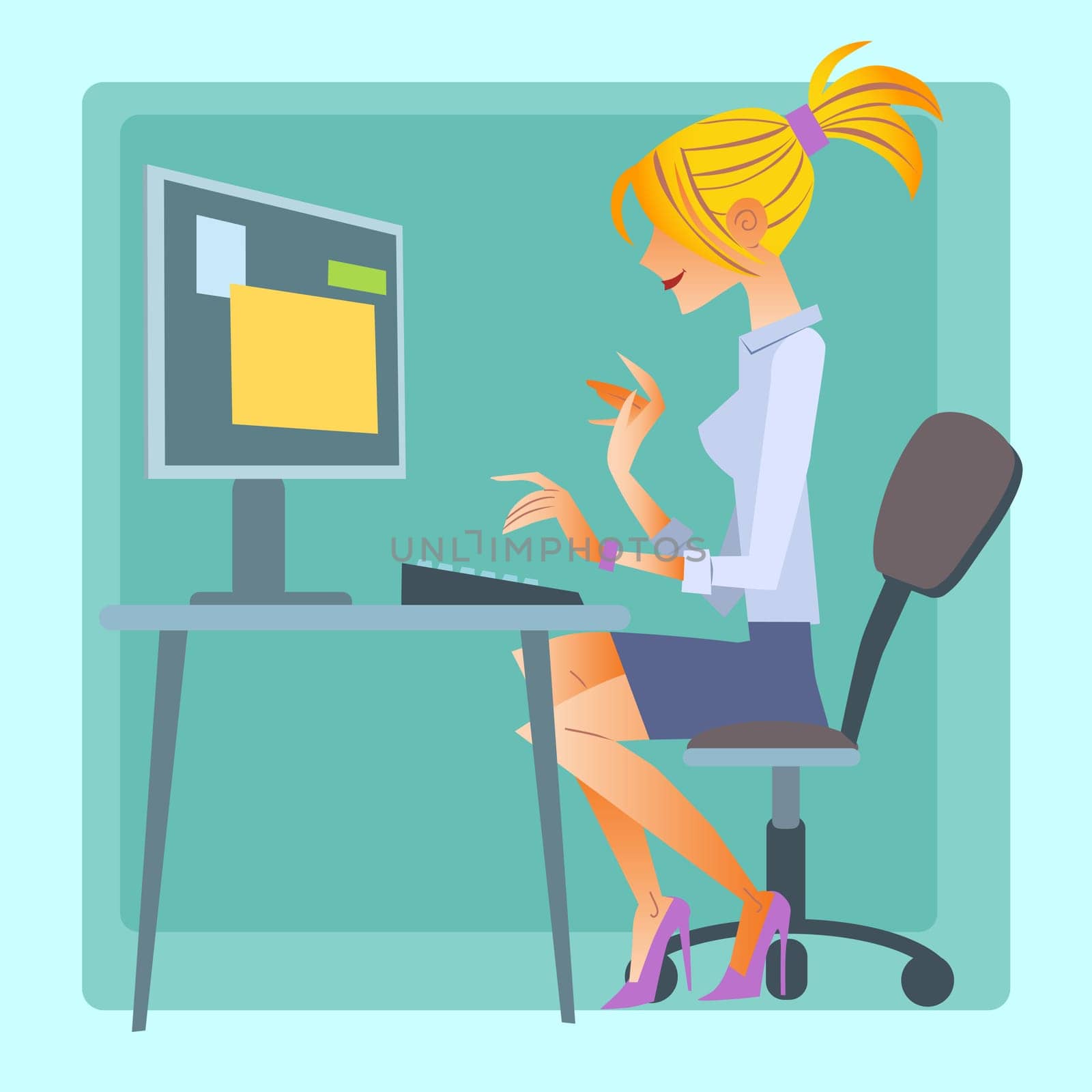 The woman working at the computer. Office theme. Work with electronic documents and social networks