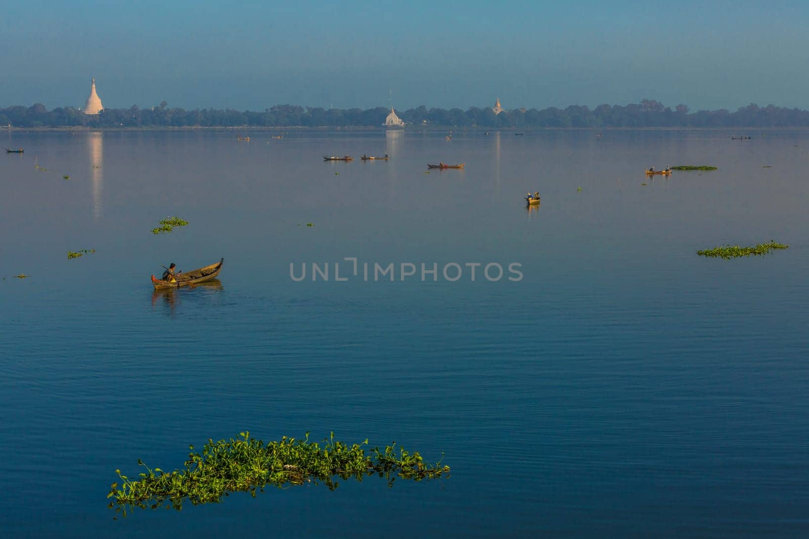 fishermen fishing on the Taungthaman Lake Amarapura Mandalay state Myanmar