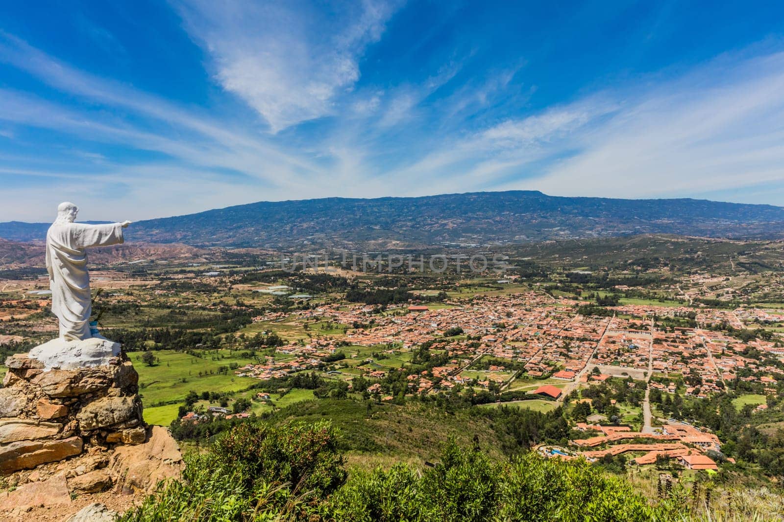 Mirador El Santo and his Jesus statue Villa de Leyva skyline cityscape Boyaca in Colombia South America