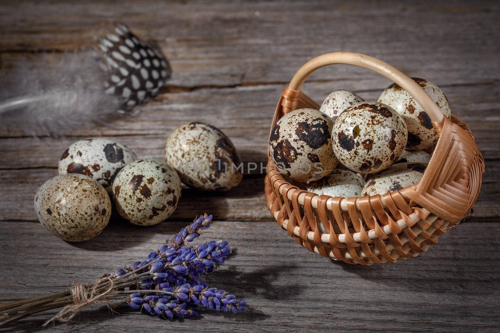 Quail eggs on a wooden background in a basket, easter composition with dry lavender