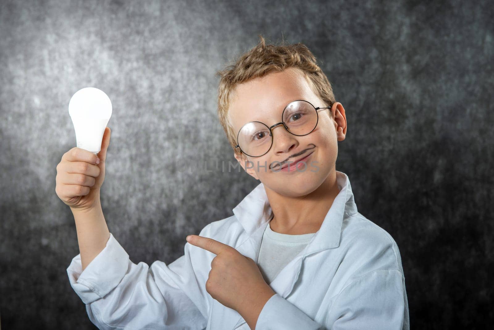 smiling boy with a light bulb