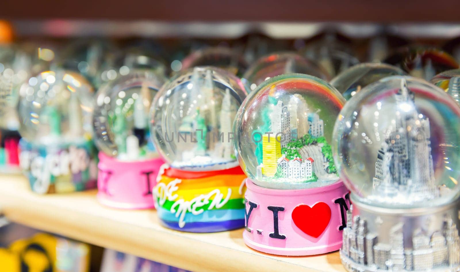 Snowball souvenir, I Love NY. Souvenirs at a store in New York, USA.