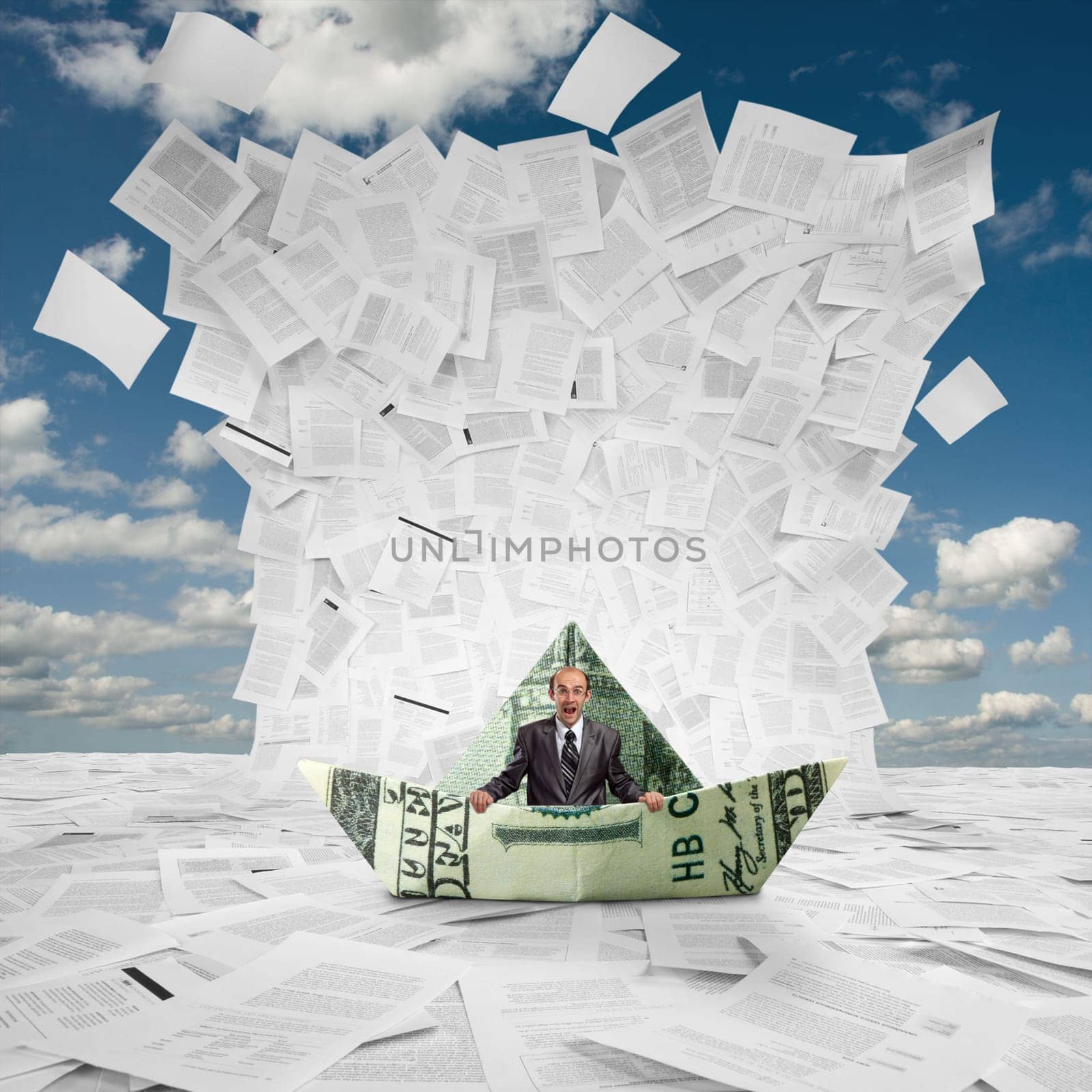 Scared businessman in money boat under huge wave of documents
