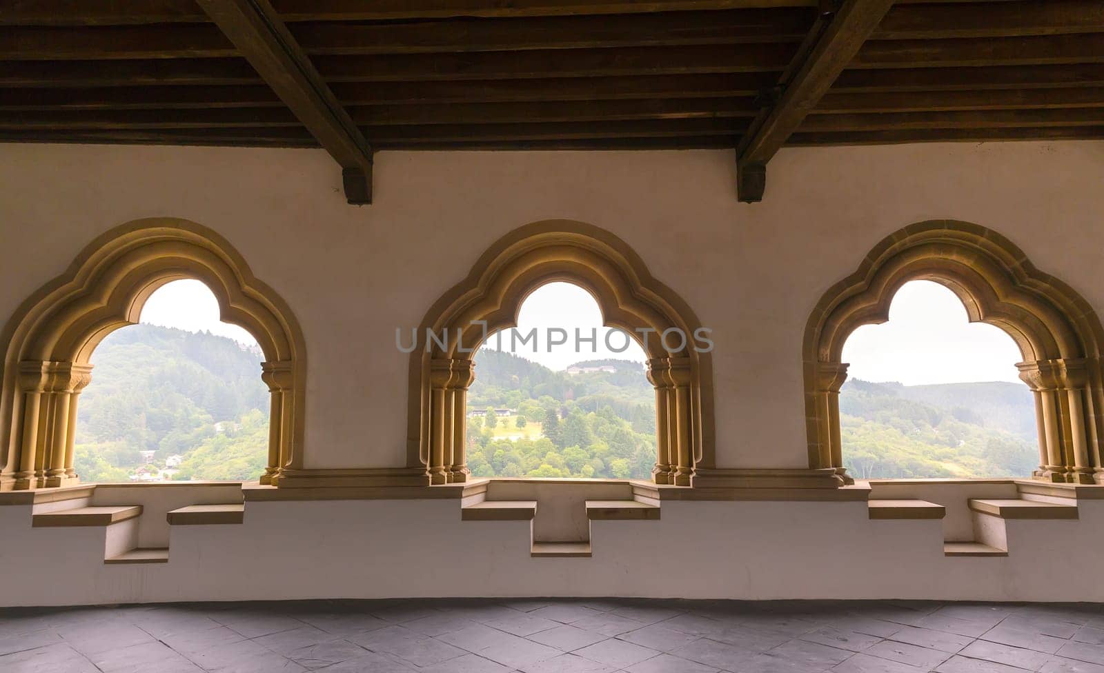 Conference room in old castle, ancient stone building interior, Europe. Traditional european architecture, famous places for tourism and travel