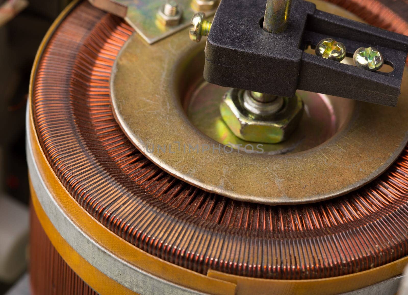 Closeup of copper inductor in electrical transformer