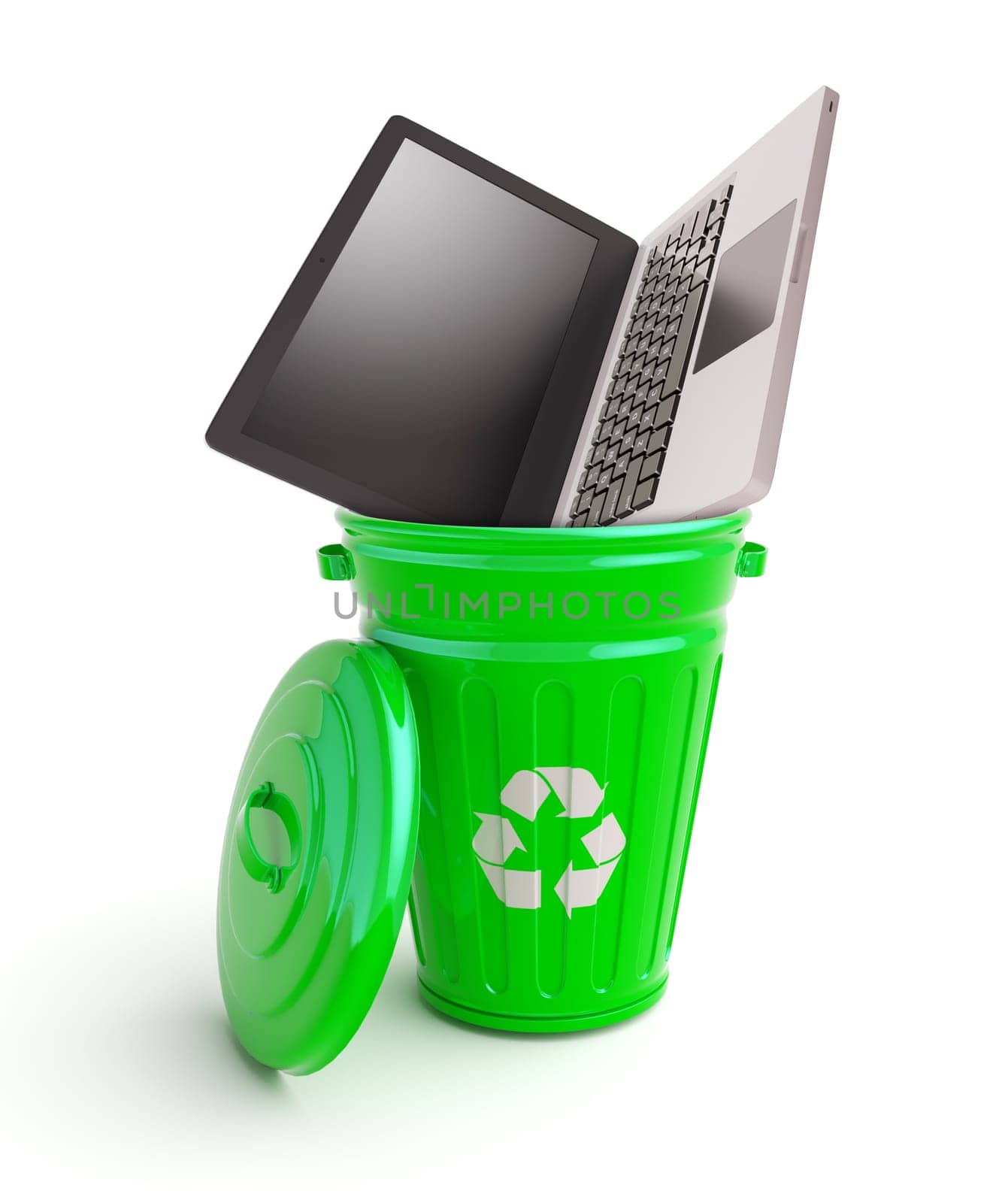 Green garbage bin with computer isolated on white