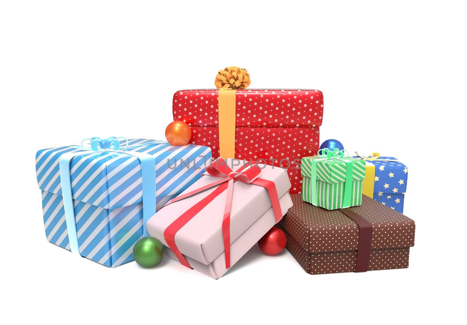 Pile of colorful wrapped presents for Christmas or other celebration isolated on white background
