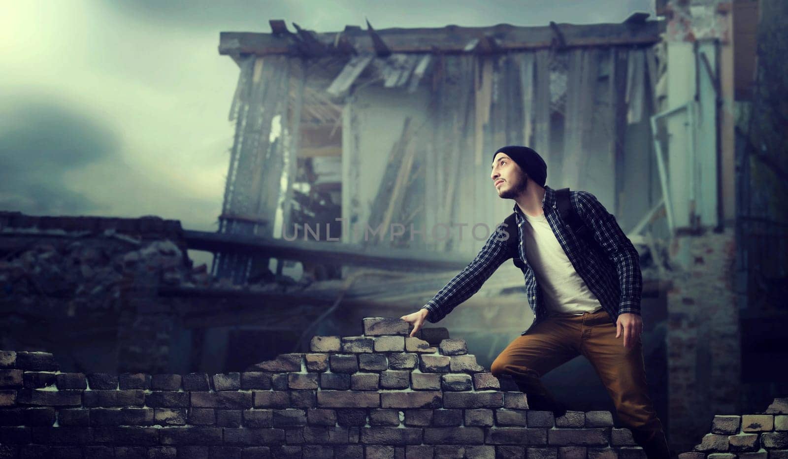 Stalker, alone traveler on the ruins of the abandoned city. Danger zone, post apocalypse horror