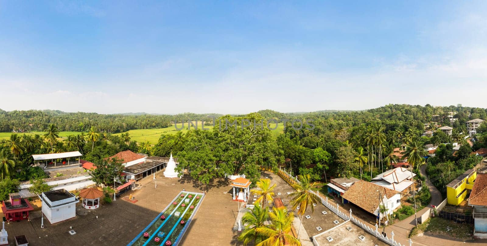 Village in a tropical forest on Ceylon panorama view. Landscape of Sri Lanka