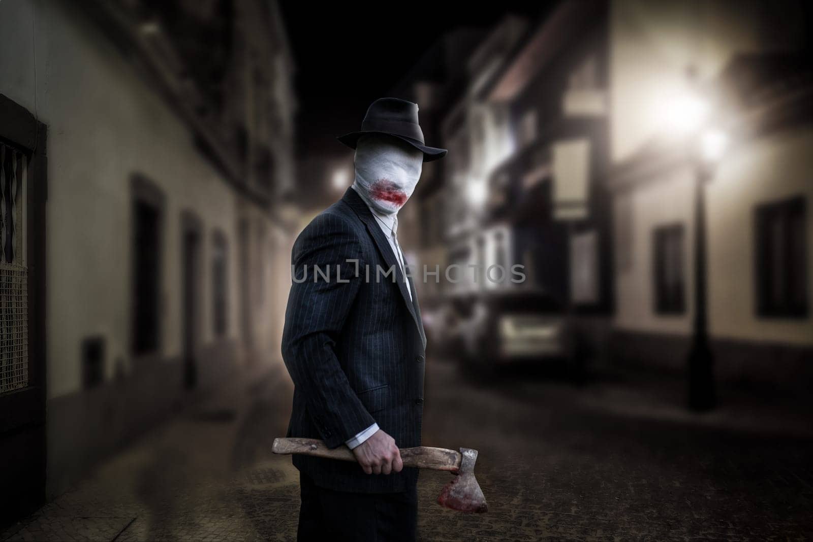 Serial maniac with axe on the night street, face wrapped in bandages, bloody killer concept, crazy murderer, crime and violence horror