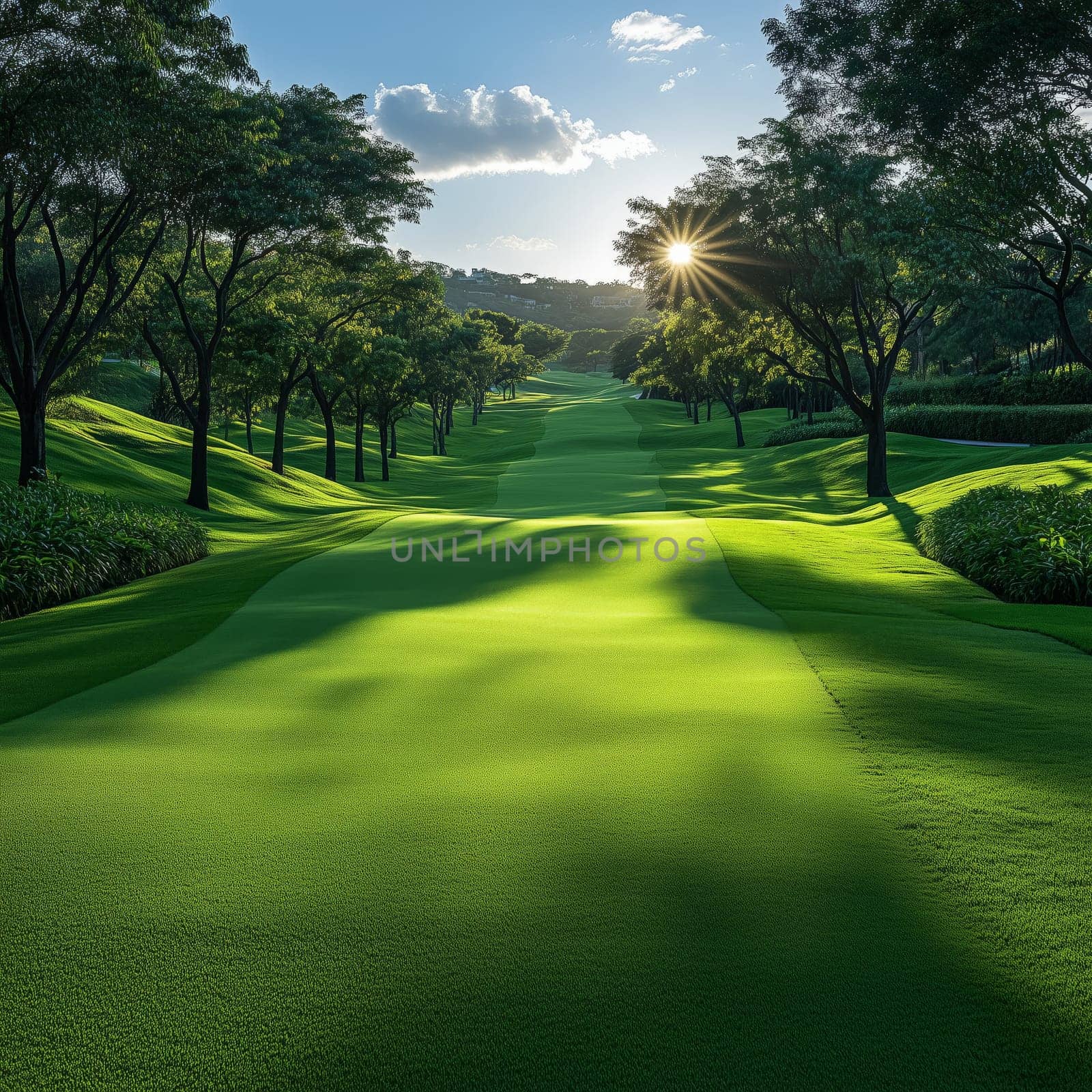 Scenic view of a golf course fairway lined with trees, illuminated by the morning sun, casting long shadows over the vibrant green grass.