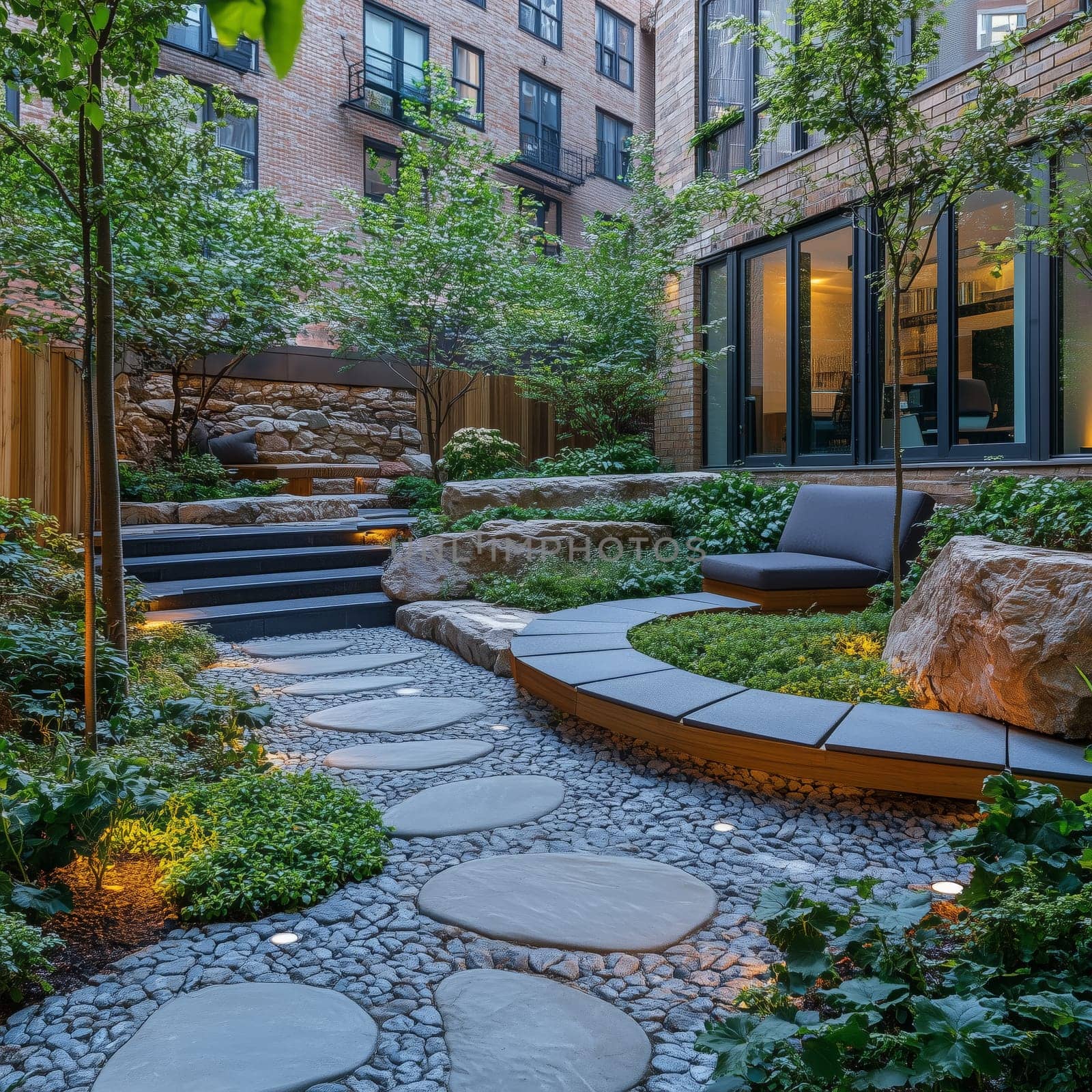 A stylish urban courtyard featuring lush greenery, a stone pathway, modern seating, and ambient lighting, surrounded by brick residential buildings with large windows.