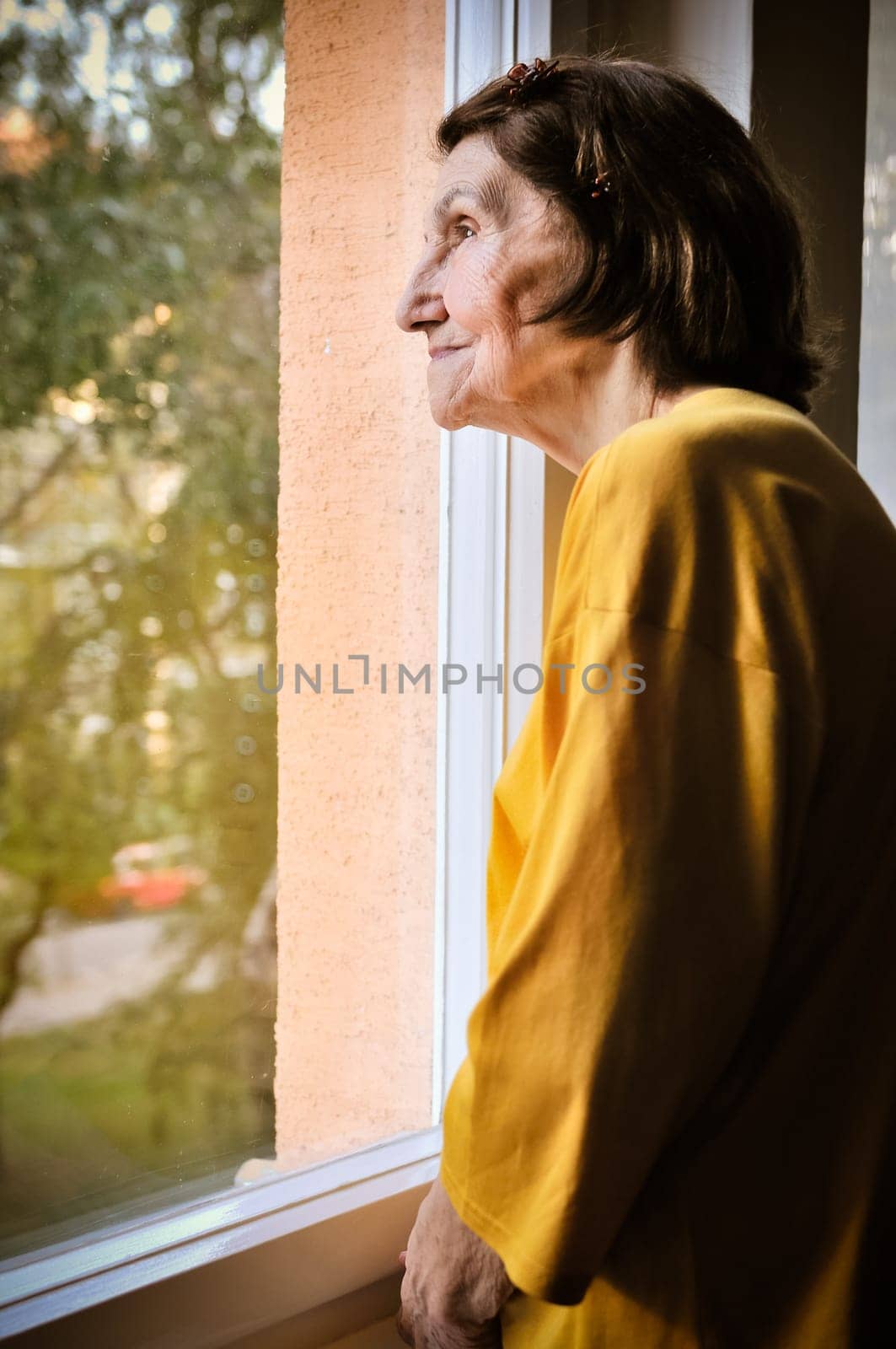 Solitude concept  - sad 80s senior woman looking through window at home