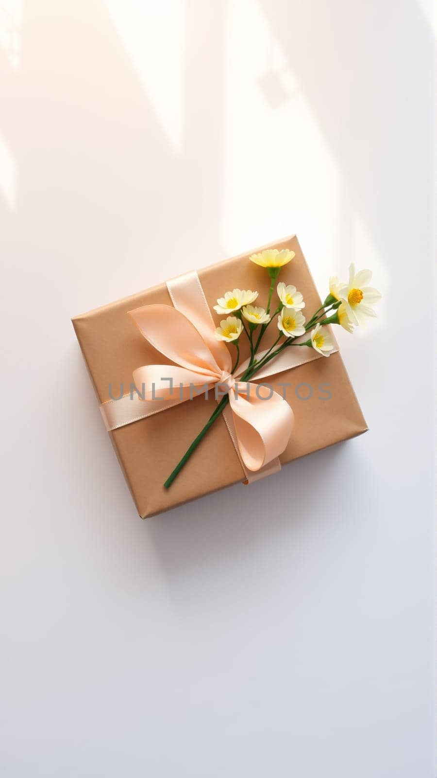 The gift is packaged in minimalist packaging, decorated with a neutral, calm ribbon in nude tones and flowers symbolizing the arrival of spring. High quality photo
