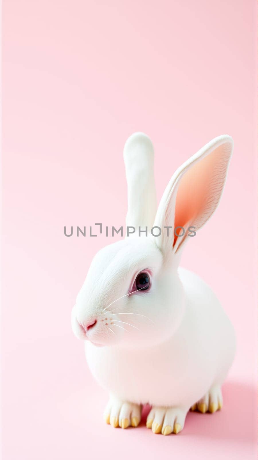 Cute white rabbit on isolated pink background. High quality photo