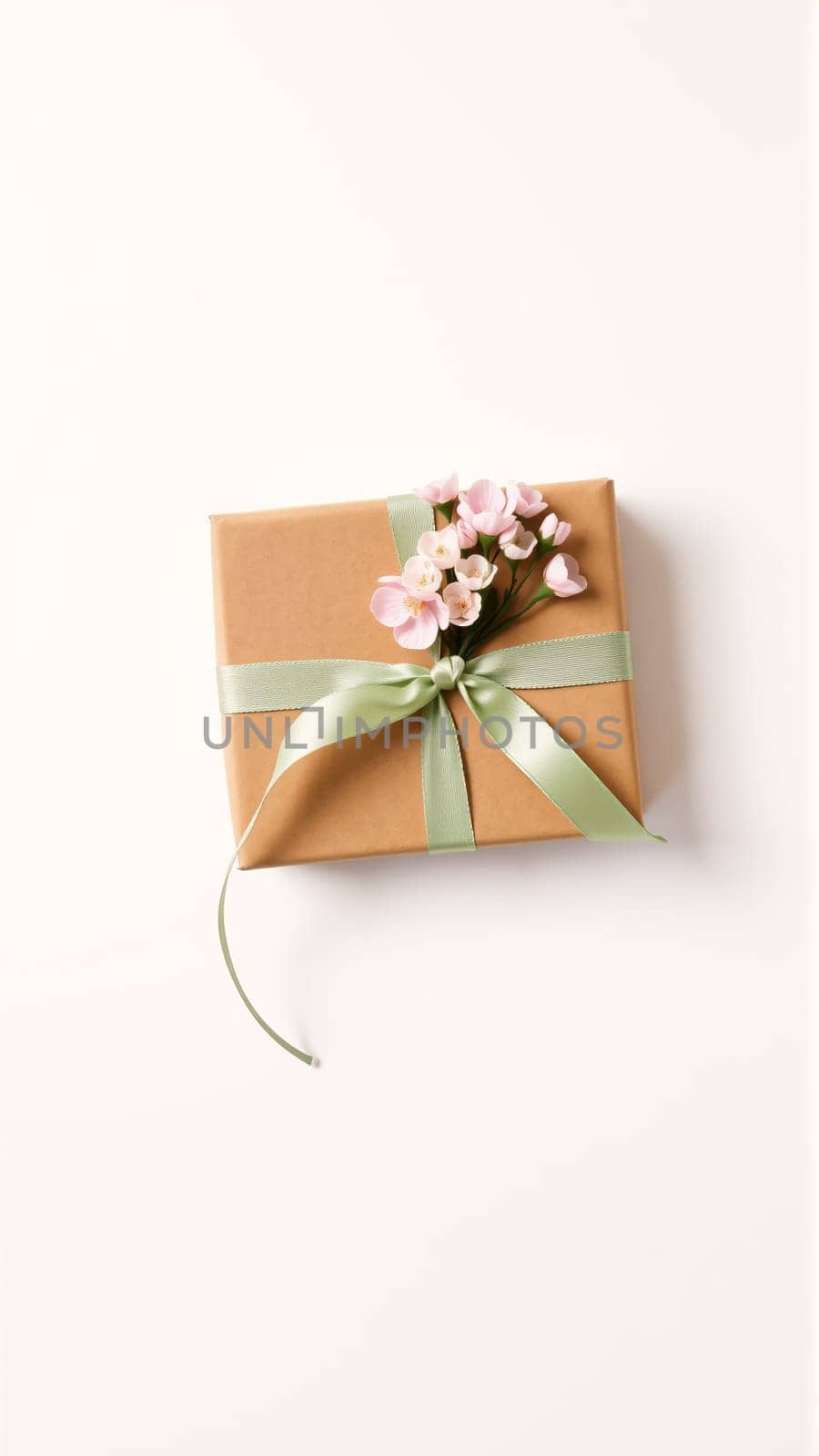 The gift is packaged in minimalist packaging, decorated with a neutral, calm pistachio-colored ribbon and flowers symbolizing the arrival of spring. High quality photo