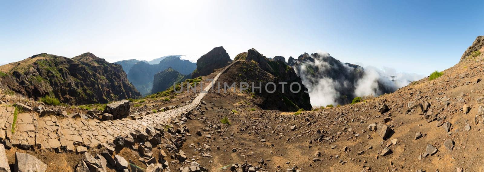 Panoramic view of hiking track high in mountains, Portugal, Madeira