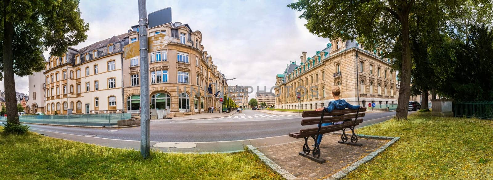Bench on street, ancient European tourist city. Traditional architecture. Summer tourism and travels, famous europe landmark, popular places for vacation tour or holidays