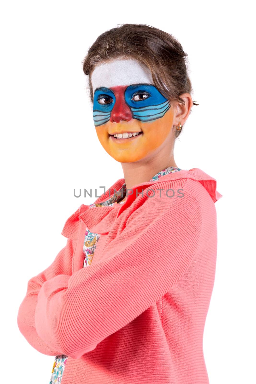 Girl with animal face-paint isolated in white