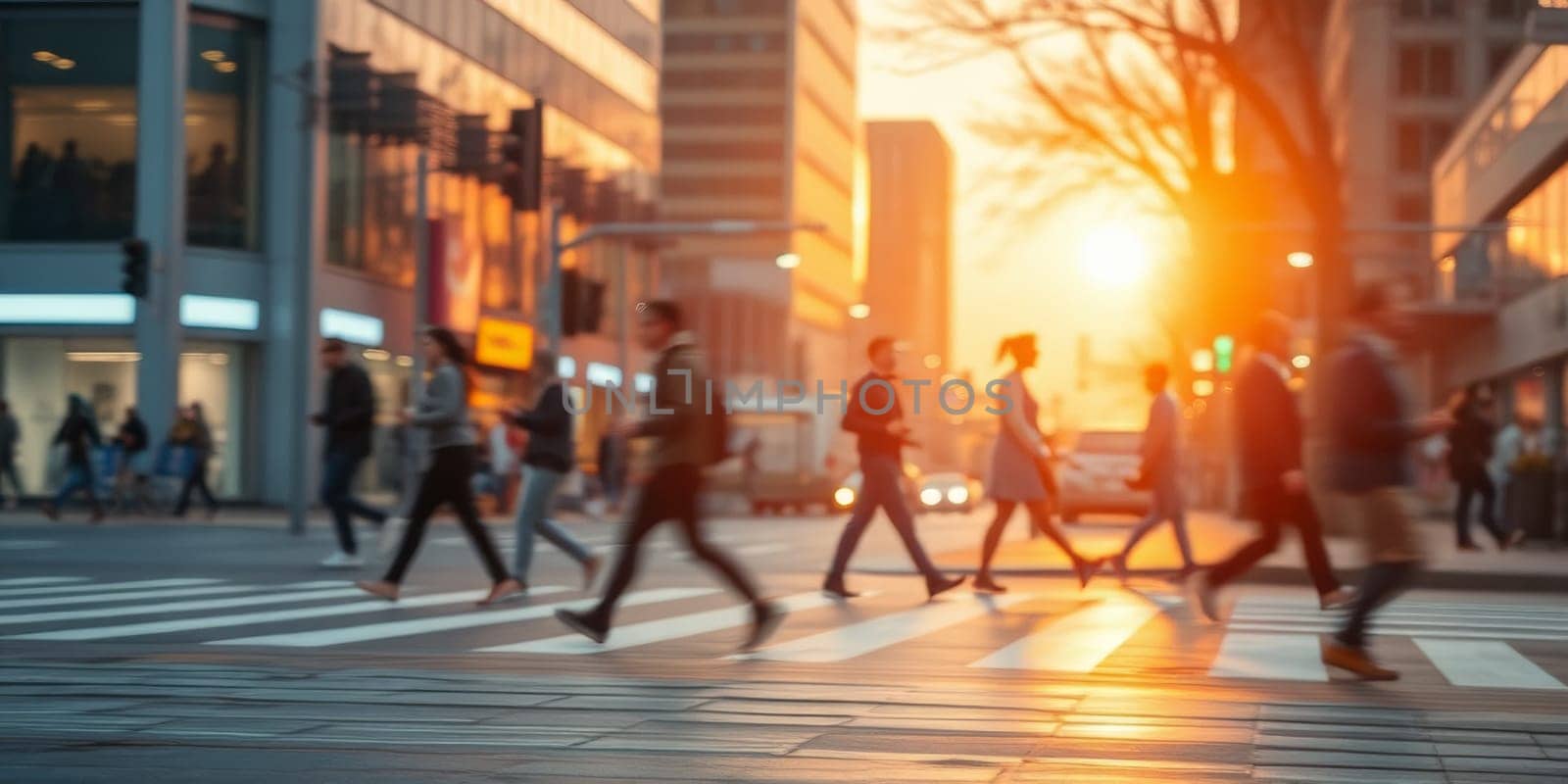 A lot of people walk along the pedestrian crossing during rush hour. High quality photo