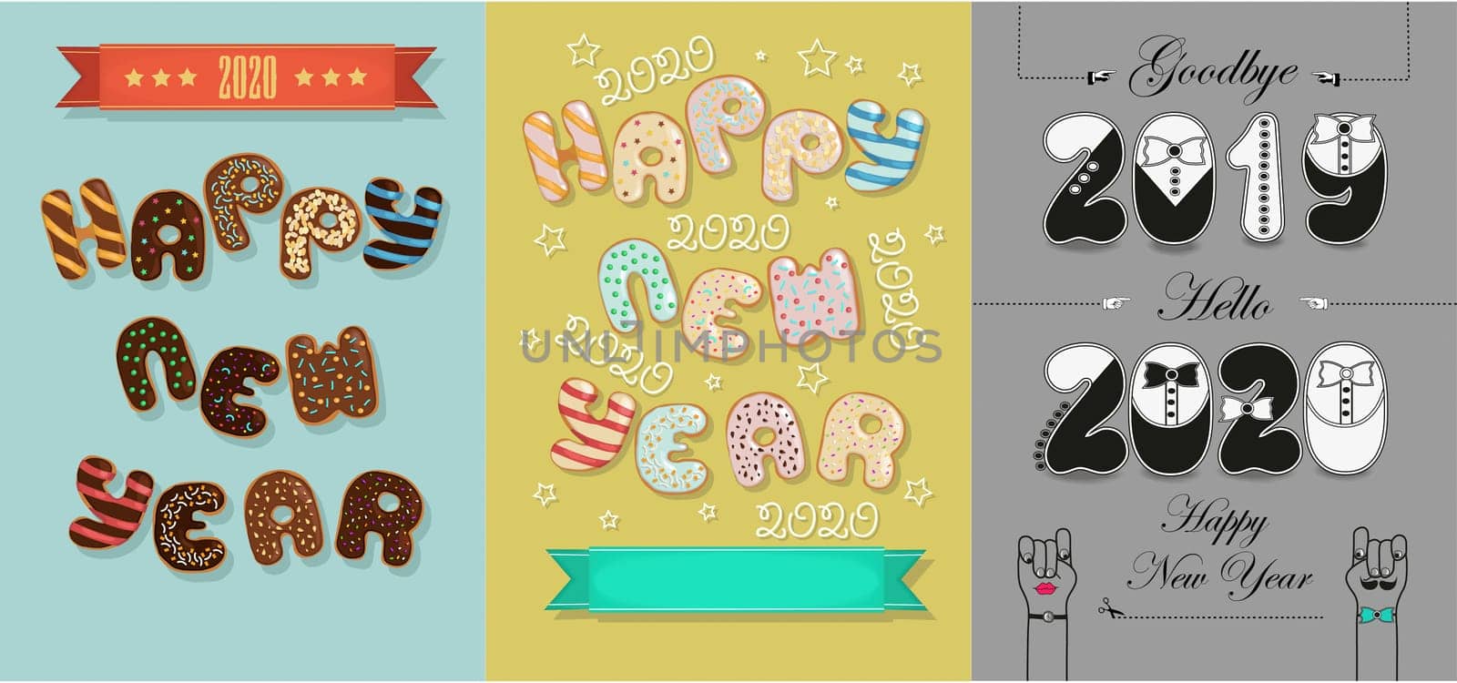 Happy New Year 2020. Artistic letters as chocolate donuts with cream and nuts decor. Goodbye 2019, Hello 2020 - tuxedos font.