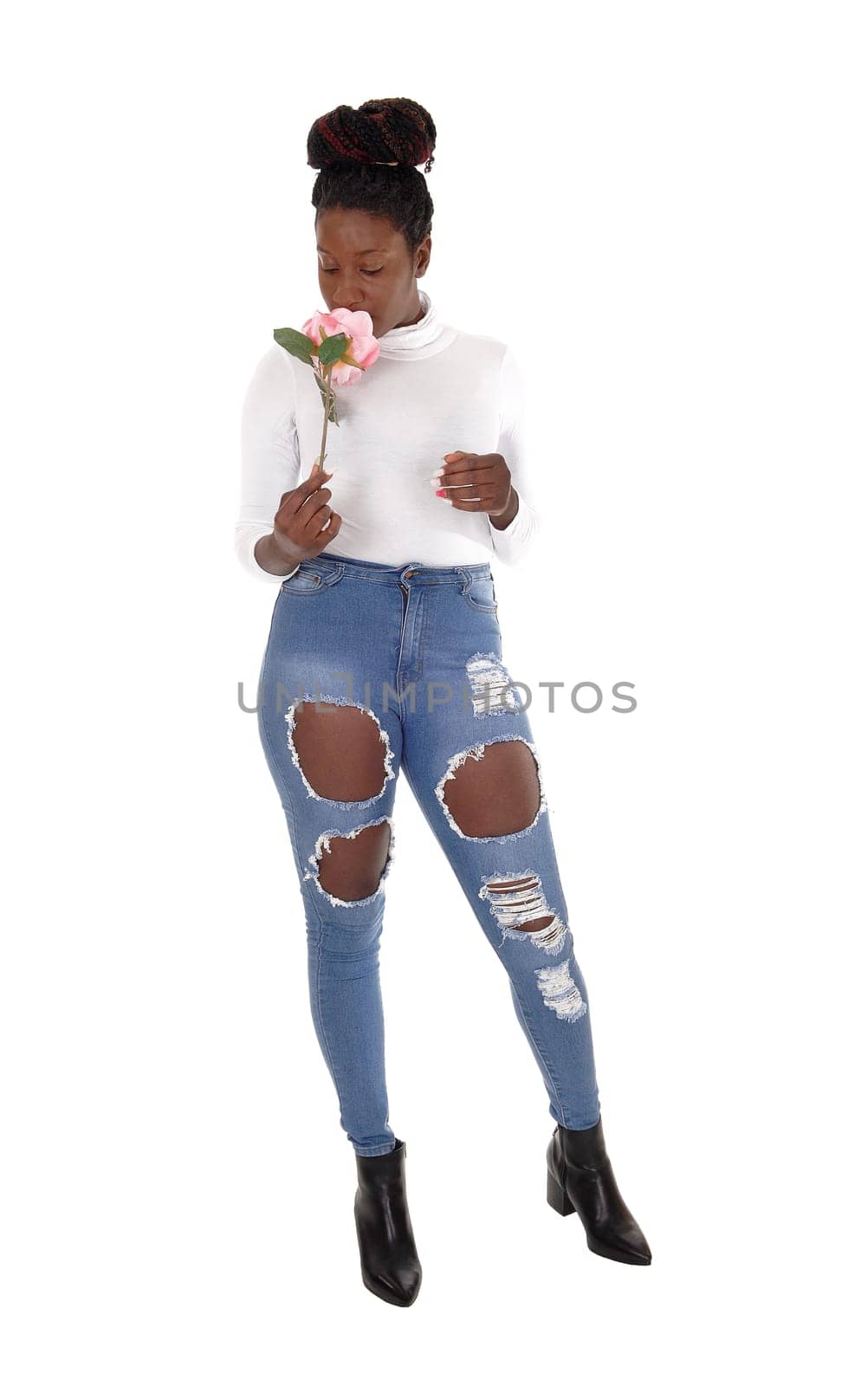A tall young African American woman standing in ripped jeans, .smelling a pink rose, isolated for white background.