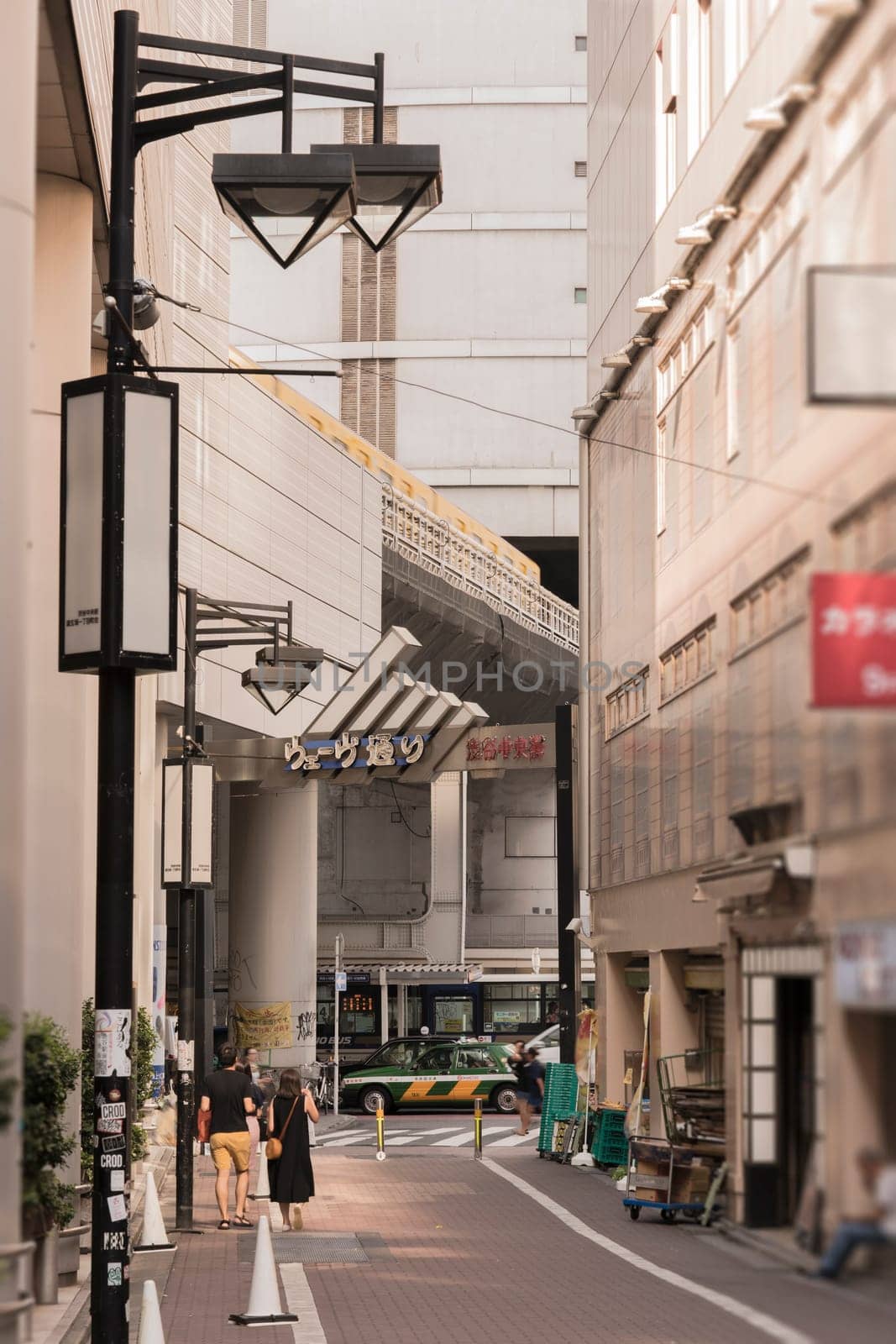 View of the portal of the Wave Street which marks the entrance to the Central District of Shibuya. It is located in front of the south exit of the shibuya station famous for its moai statue and runs along the south side of the Mark City building. The neighborhood contains a lot of streets atypical such as the Cerulean Tower Street, the Memories Street or the Plaza Street.