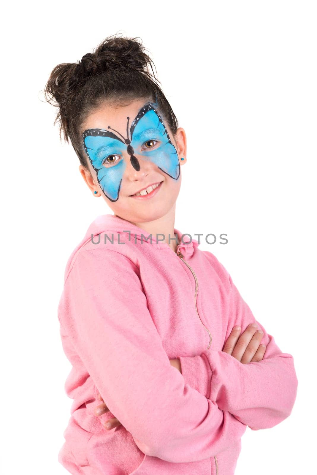 Girl with animal face-paint isolated in white