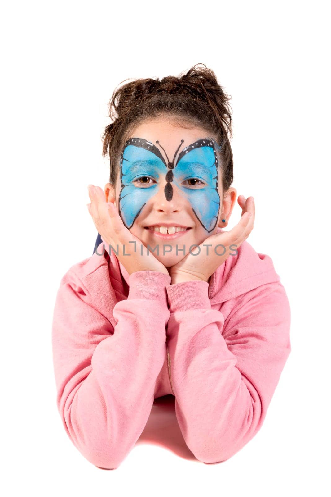 Girl with animal face-paint isolated in white