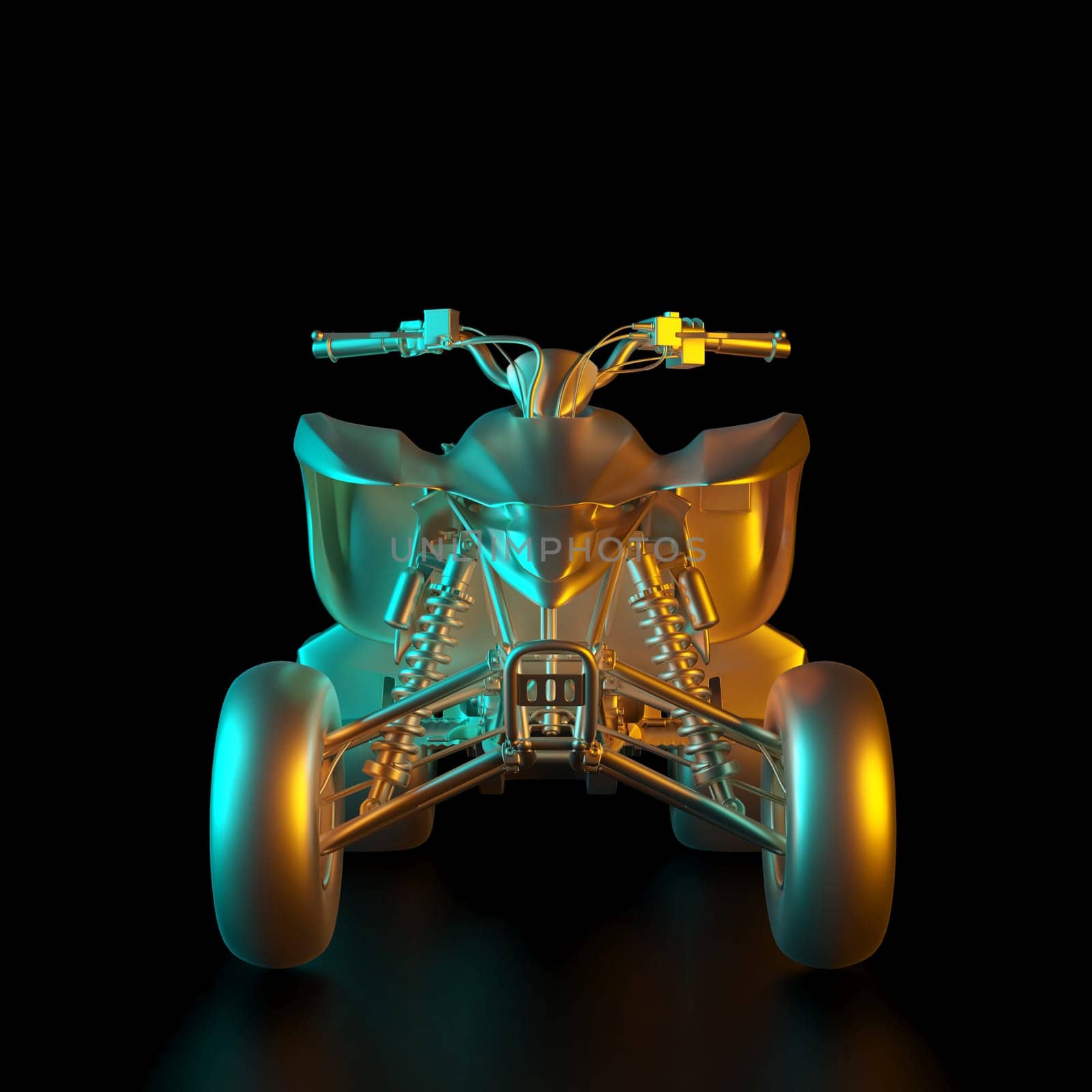 3d render image of a gold colored off-road quad. nobody around, black background. luxury and motor sport concept.