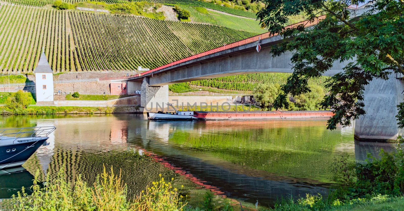Freight Ship with beautiful bridge in Traben Trabach