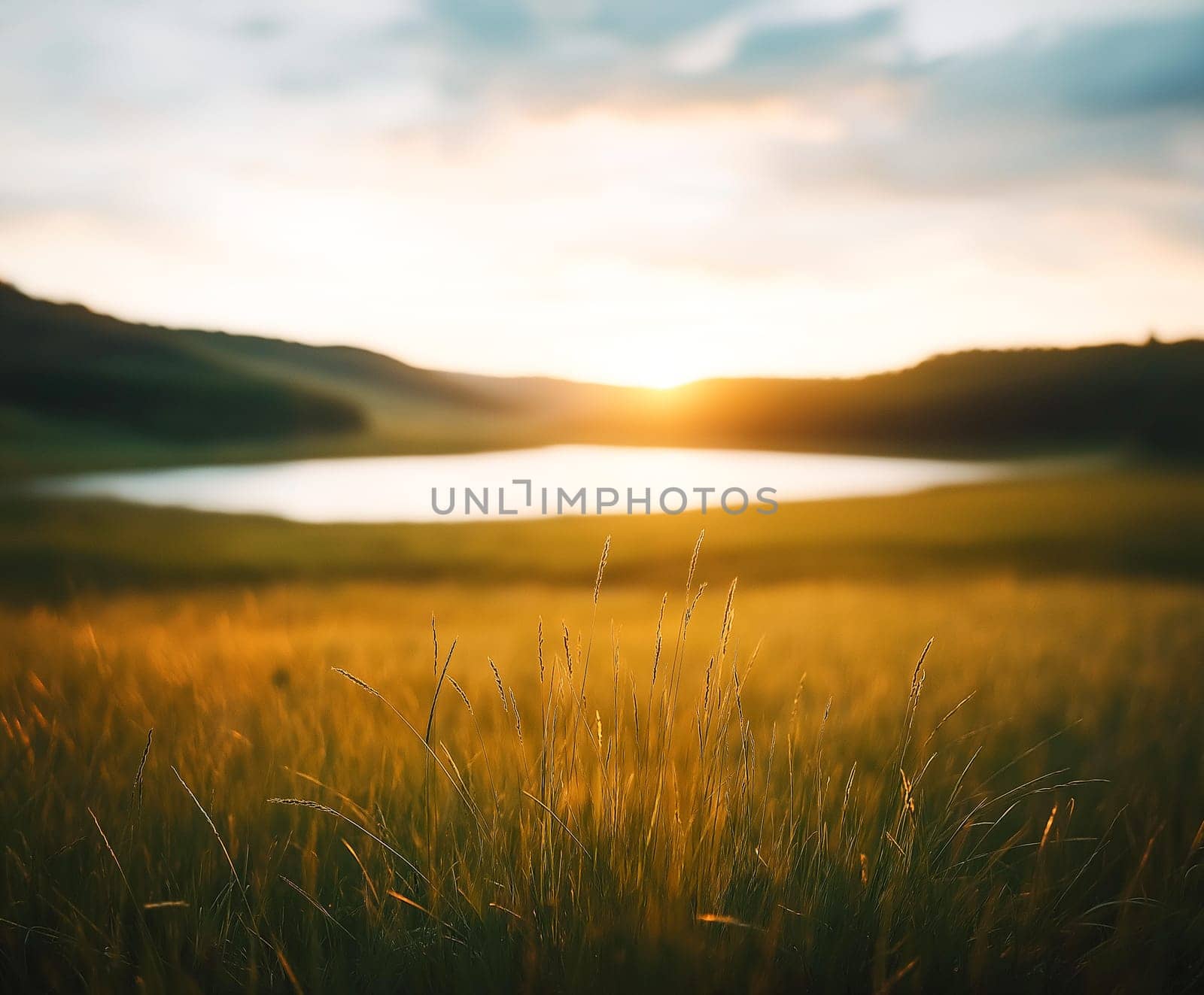Golden sunset over a tranquil lake. Tall grass sways gently in the breeze, bathed in warm light. Nature's beauty at its finest.