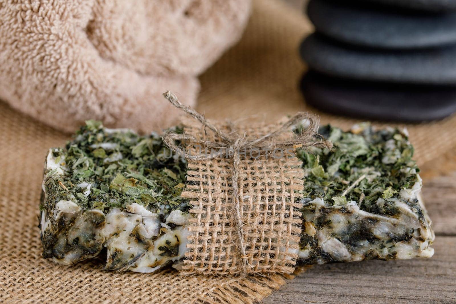Handmade soap with natural fillers, with dry mint, with jute decoration