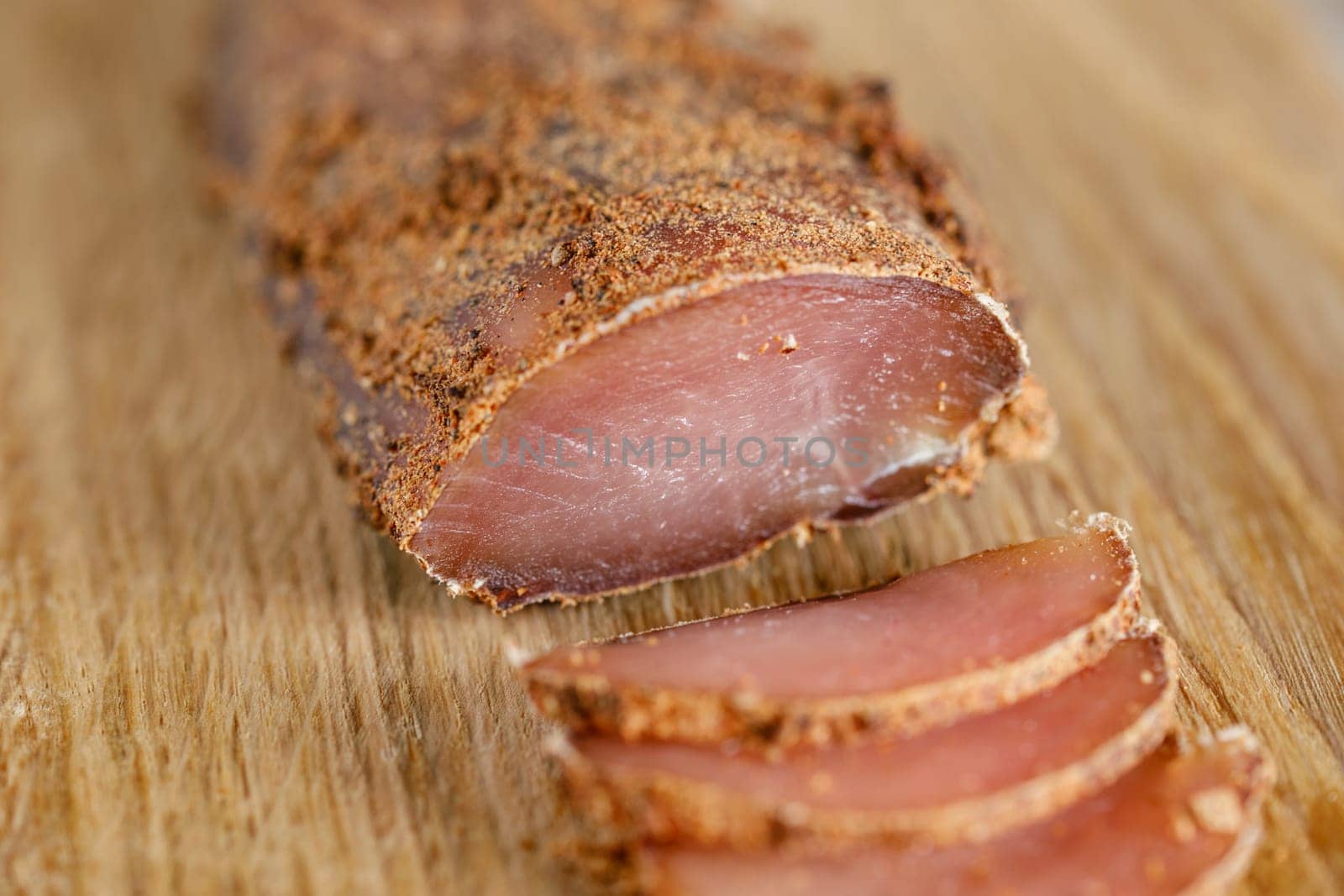 Homemade chicken breast basturma, selective focus