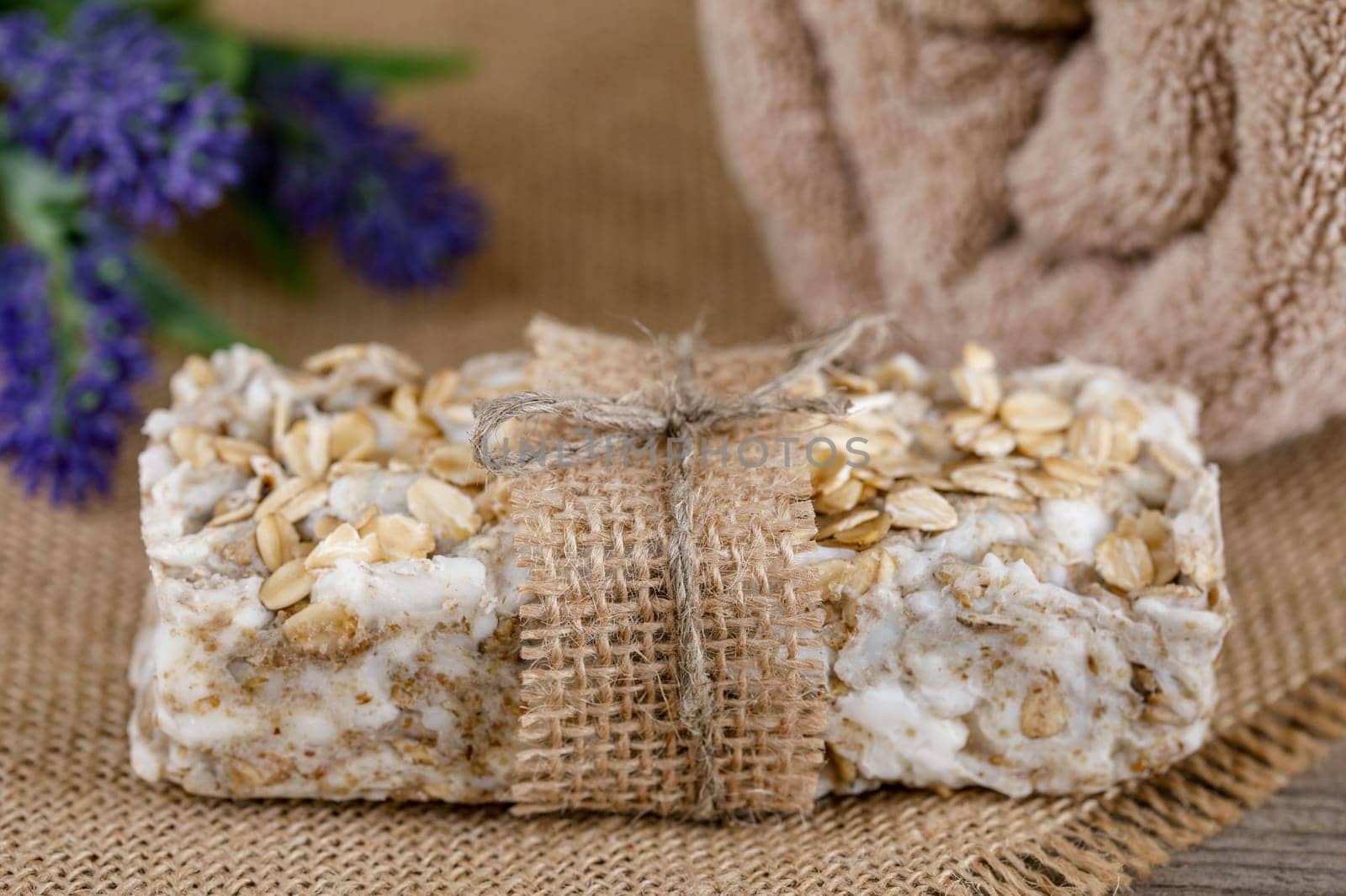 Handmade soap with natural fillings, with oatmeal, with jute decoration